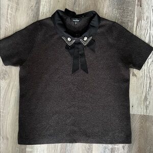 Viscose Charcoal Womens Short Sleeve Knit Top Sweater with a decorative collar